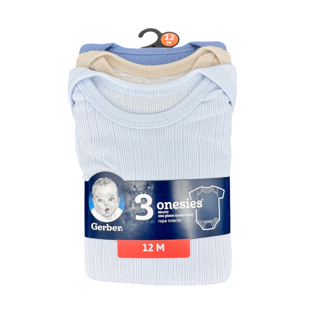Gerber Onesies Bodysuits Baby Boy 12M Blue Tan Ribbed Cotton Short Sleeve 3 Pack